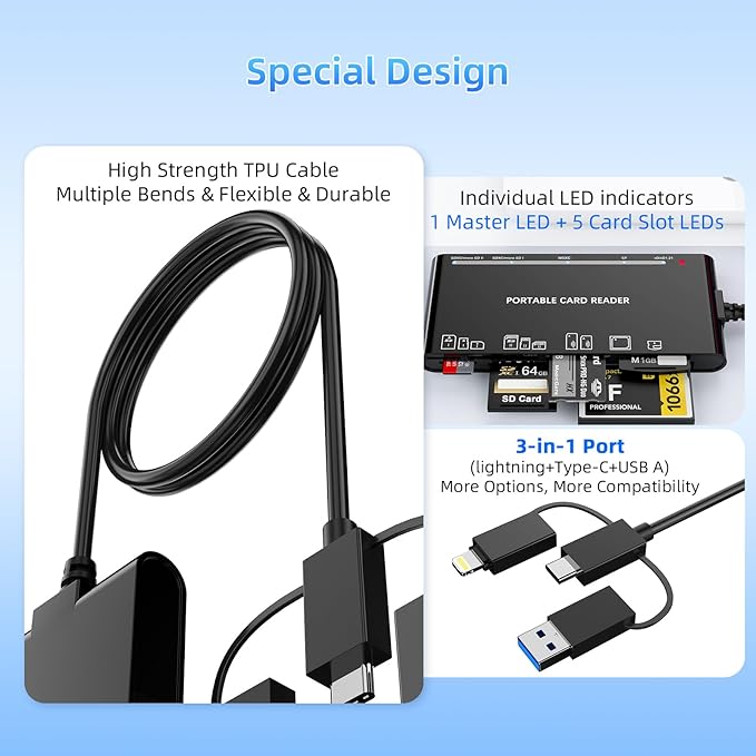 7-in-3 Lightning & USB-C & USB3.0 Multi Card Reader, SD CF XD MS Micro SD TF Card Reader for iPhone/iPad, Memory Card Reader High-Speed Trail Camera Viewer, Plug and Play, Simultaneously Read/Write