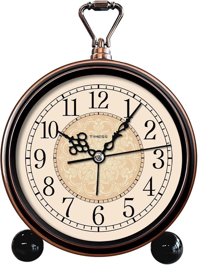 TIMESS Vintage Analog Alarm Clock, 4.3" Silent Non-Ticking Quartz Desk Clock, Battery Operated Table Clock for Bedroom, Living Room, Office, or Gift