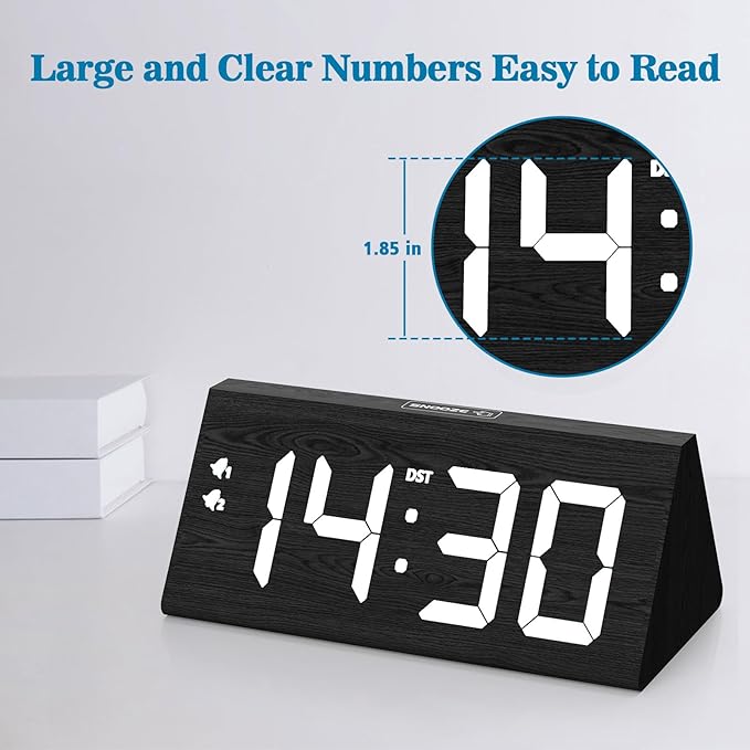 fomobest Wooden Digital Alarm Clock with Dual USB Charging Ports, DST, Dimmable, Snooze, Modern Large Time Display LED Clock for Kids Bedrooms, Living Room, Desk, Table, Bedside, Nightstand (Black)