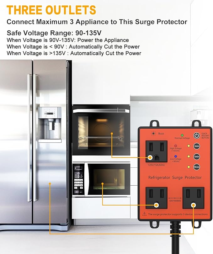 Refrigerator Surge Protector, 3-Outlet 120V for Home Appliance Surge Protector, Time Delay, LED Indicator Light & 110dB Alarm, Protects Against Voltage Abnormalities, Brownout, Spike, Instant Surge