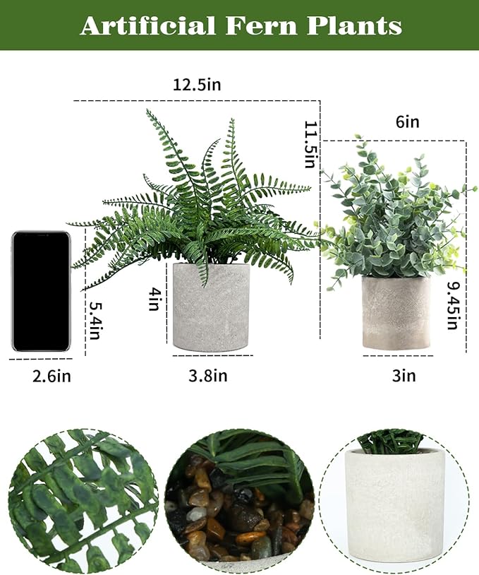Coferset Small Fake Plant 12.5" Fern Potted Artificial Plants for Shelf Home Bathroom Office Decor(Gray Pot)
