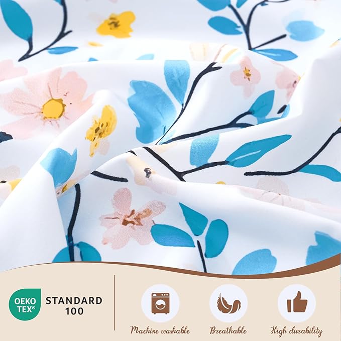 LONAVA Queen Botaincal 3 Pcs Duvet Cover Set, Breathable Soft Microfiber Sky Blue Lining Comforter Cover with Zipper Closure, and 2 Anti-Pilling, Fade Resistant Pillowcases, Sky Blue Flower