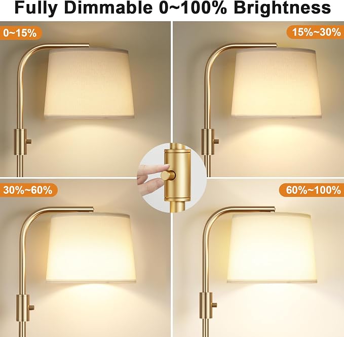 Ambimall 𝐅𝐮𝐥𝐥𝐲 𝐃𝐢𝐦𝐦𝐚𝐛𝐥𝐞 Floor Lamp - Floor Lamps with 9W 𝐋𝐄𝐃 Bulb, Standing Lamps for Living Room with Adjust Head, Modern Standing Tall Light Rotary Switch for Office(Gold and White)