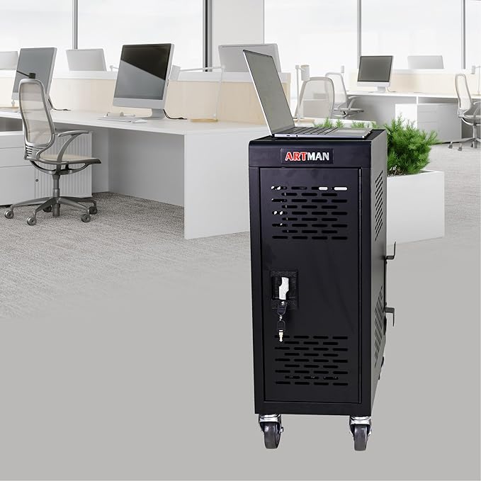 TOUPUWAN Laptop and Tablet Storage Cart, Mobile Charging Cart and Cabinet for Up to 16 Units, with Charging Port Screen Size Up to 14", Fits Chromebook, Tablet, Laptop, Suitable for School, Business