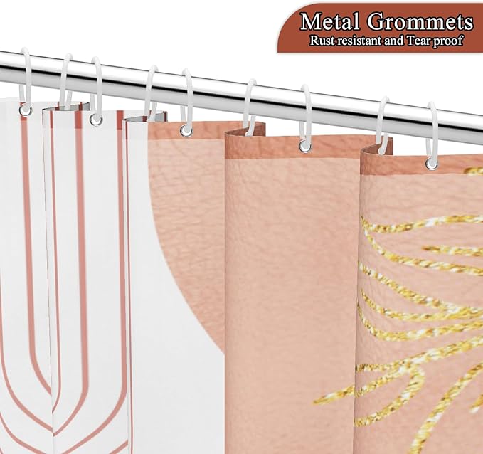 Mid Century Boho Shower Curtain, Abstract Modern Sun Minimalist Aesthetic Shower Curtain, Bohemian Geometric Arch Curve Leaves Neutral Art Fabric Bathroom Curtains Pink 72x84 inch