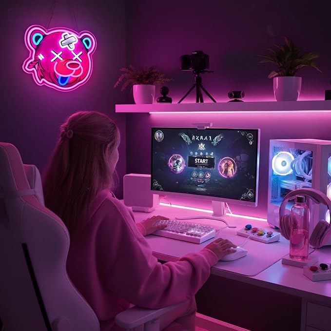 Pink Bear Neon Sign, Bear Head Neon Signs for Wall Decor, Dimmable Acrylic Neon Lights for Girls Room Bedroom Game Room Club Bar Party Decorations, Perfect Gifts