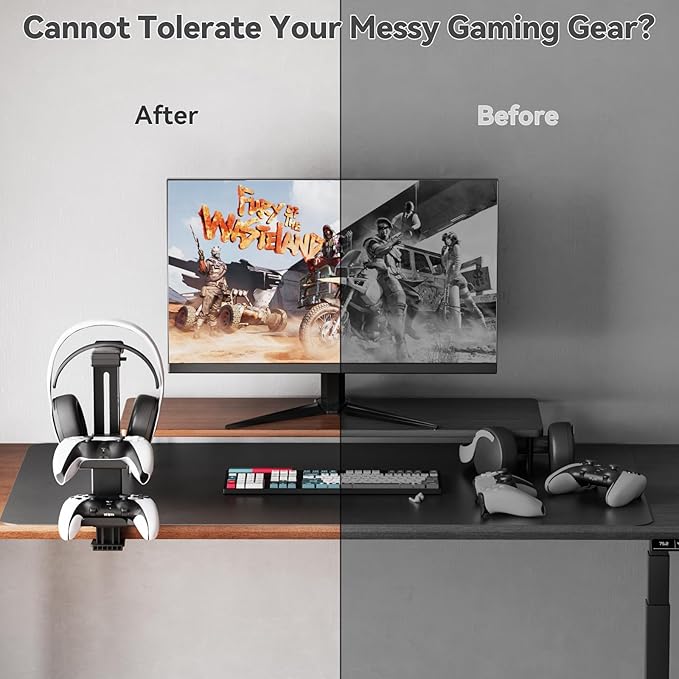 Controller Holder & Headphone Stand Under Desk with Adjustable Clamp, Controller Stand & Headset hanger for Desk Mount with 360° Rotating Hook & Cable Organizer 3-in-1 Game Organizer, PC Game Headsets