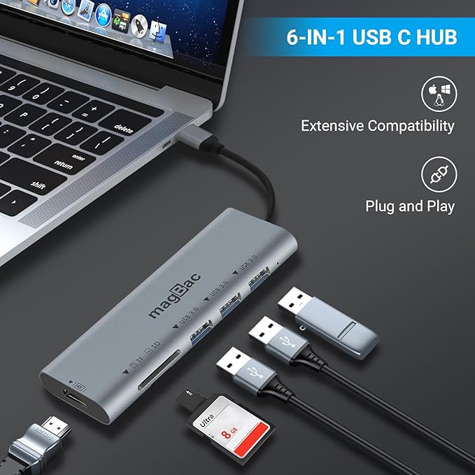 MagBac Laptop Docking Station 6 Ports USB C HUB with 3 USB-A 3.0,4K HDMI Port, SD/TF Card Slot for MacBook Pro/Air, Dell, HP, Lenovo with Full-Featured Type-C or Thunderbolt 3/4/5 Port