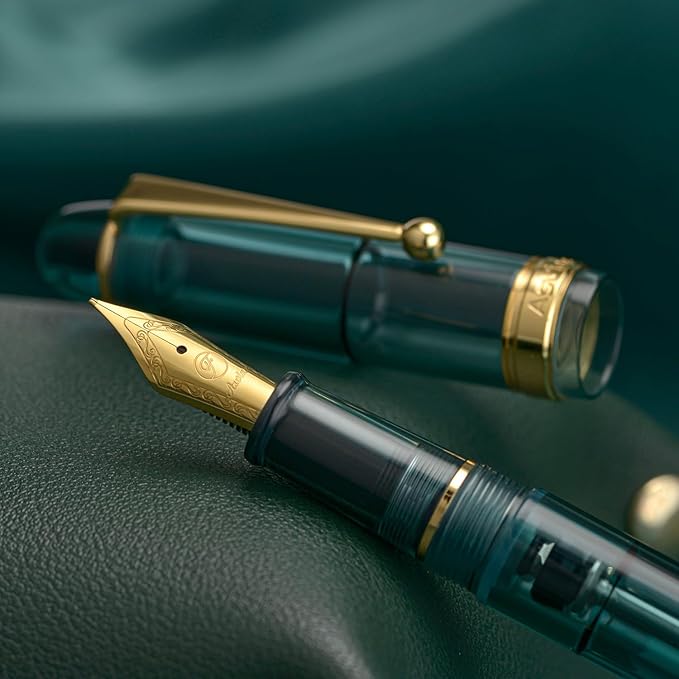 Asvine V126 Vacuum Filling Fountain Pen Transparent Teal Acrylic, Medium Nib Large-Capacity with Gift Case