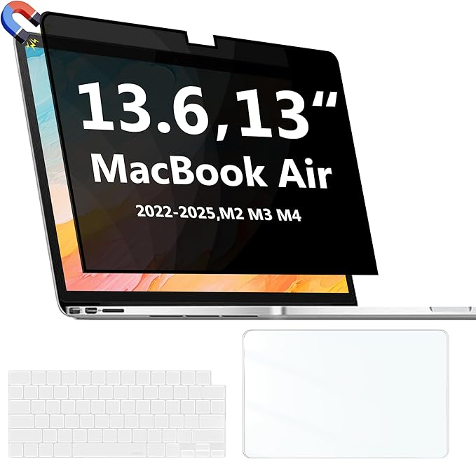 Halloive Magnetic Privacy Screen Protector Compatible with MacBook Air 13.6/13 Inch (2022-2025, M2, M3，M4), Hard Shell Case + Keyboard Cover + Screen Protector Crystal Clear Anti-Spy Anti Fingerprint