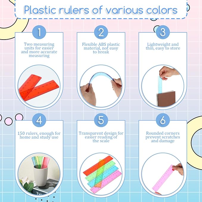 150 Pcs 6 Inch Rulers Bulk, Clear Plastic Assorted Color Metric Rulers with Inches Centimeters Millimeter, Flexible Small Straight Rulers, First Day of School Gift for Students
