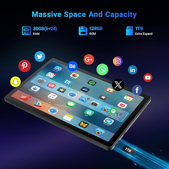 Tablet, 10 inch tablet Android 15 with Octa-core Processor, 30GB+128GB+1TB Expand, 6200mAh, 15W Fast Charge, 1280x800 HD IPS Screen, WiFi 6, BT 5.4, Dual Camera, Widevine L1 support, GMS Certified