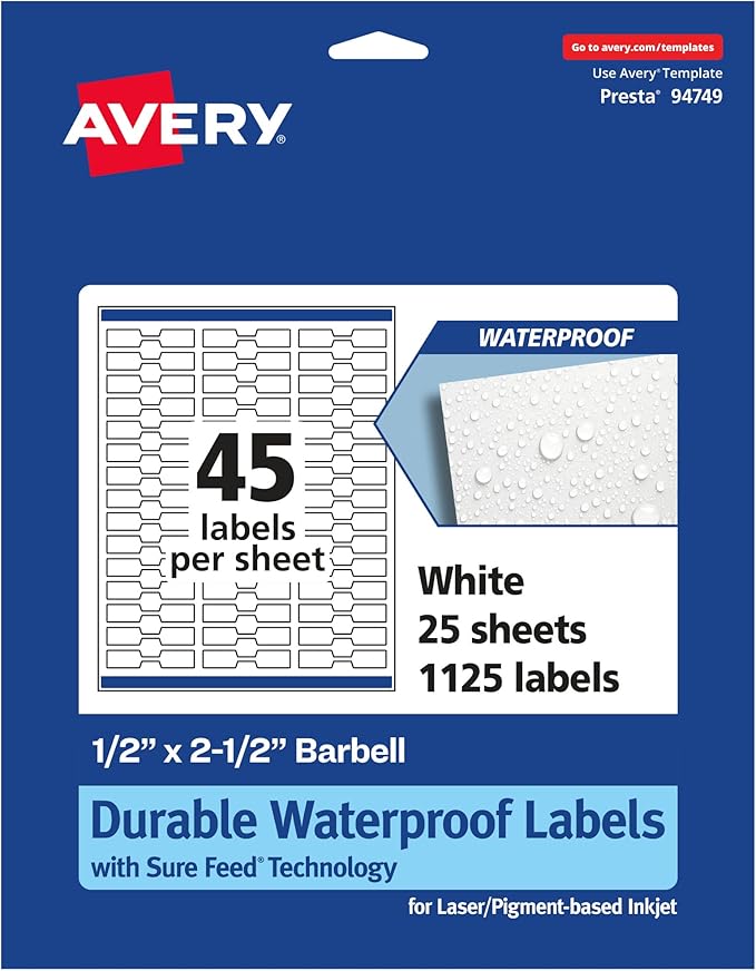 Avery Printable Durable White Barbell Labels, Sure Feed Technology, 0.5" x 2.5", Waterproof Labels, Laser & Pigment-Based Inkjet Compatible, 1125 Total