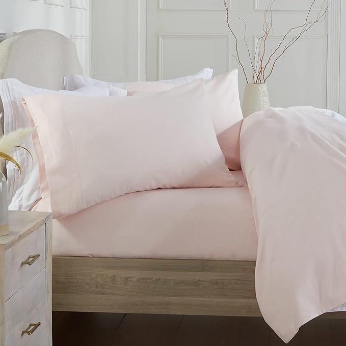 Market & Place 100% Turkish Cotton Flannel Sheet Set | 4 Piece Deep Pocket Solid Cozy Winter Bed Sheets | Double Brushed for Extra Softness & Comfort | Chalet Collection (King, Blush Pink)