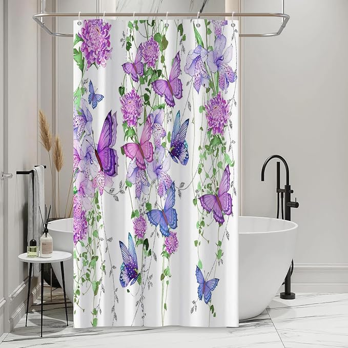Violet Butterfly Floral Shower Curtain Spring Lavender Shower Curtain Lilac Pink Floral Bathroom Decor Waterproof Polyester Fabric with 6 Hooks,36x72 Inches