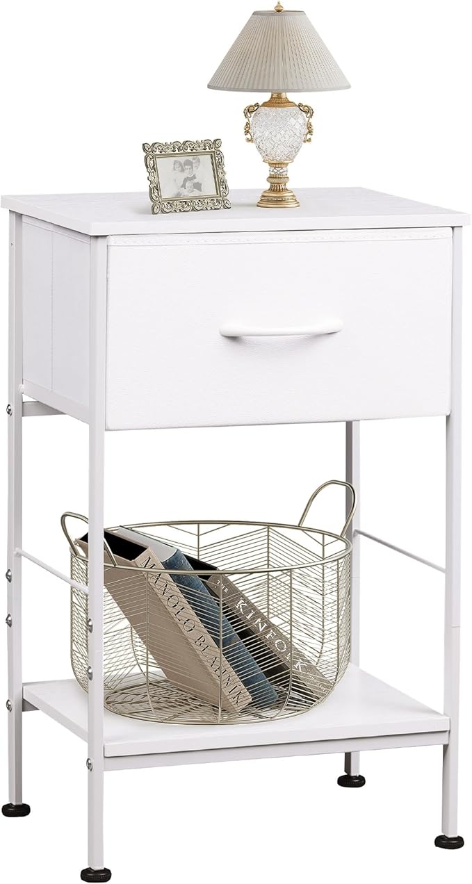 WLIVE White Nightstand, Night Stand with Fabric Storage Drawer and Open Wood Shelf, Small End Side Table, Bedside Table for Bedroom, Dorm, Easy Assembly, 25.03" Height