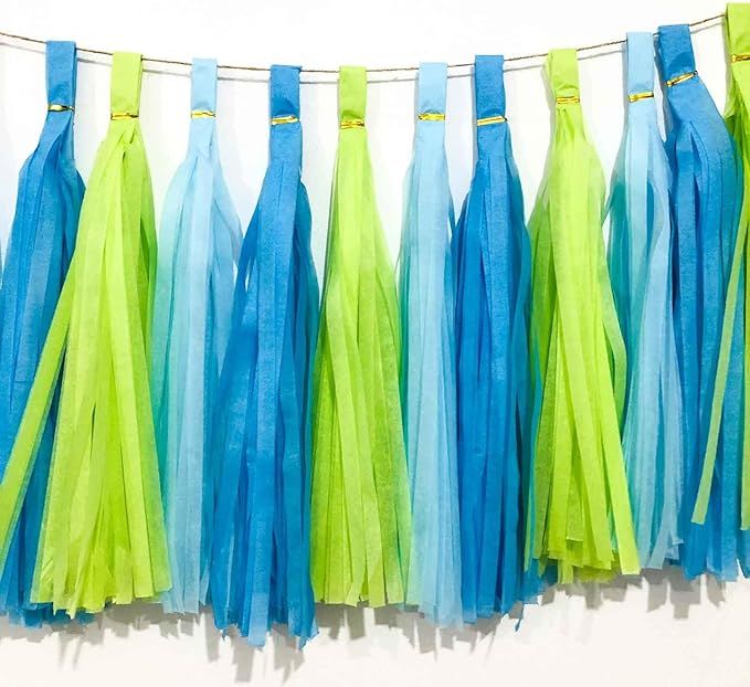We Moment Green Blue and Light Blue Tissue Paper Tassels Party Tassel Garland Banner for Baby Shower Green Blue Party Decorations, DIY Kits,15PCS