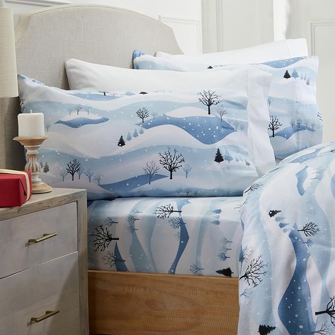 Market & Place 100% Cotton Queen Flannel Sheet Set | 4 Piece Deep Pocket Novelty Cozy Winter Bed Sheets | Double Brushed for Extra Softness & Comfort | Alpine Collection (Queen, Winter Landscape)
