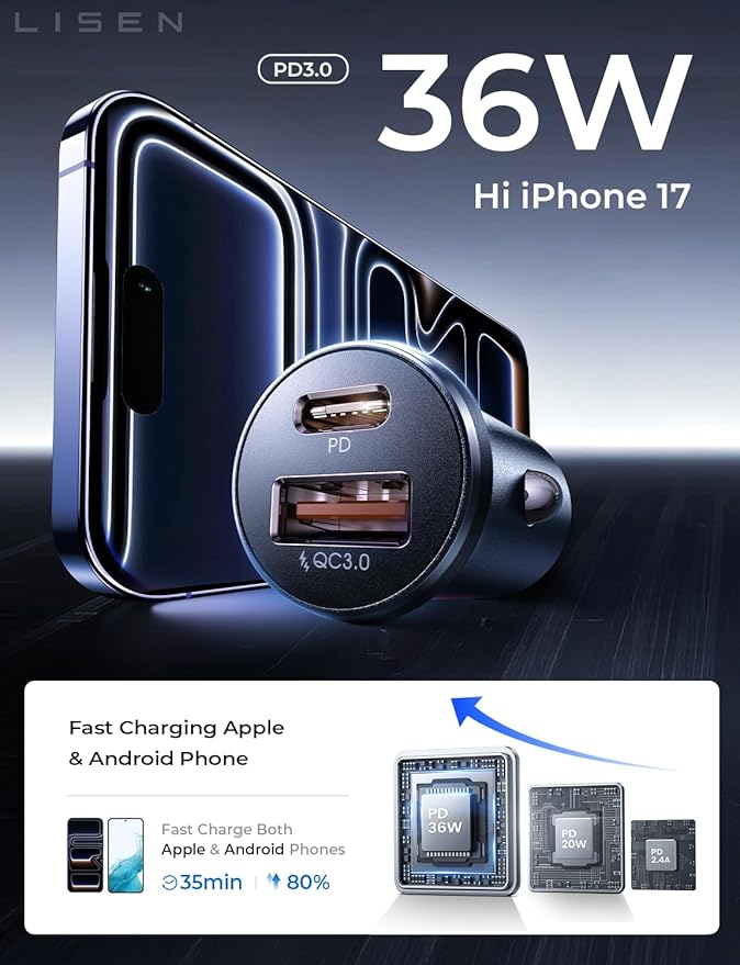 LISEN Car Charger USB C, 69W Cigarette Lighter USB Charger Adapter, Car Accessories Gifts for Men, Mini USBC Cars Fast Charging Adapter USBC Type C 12V Plug Outlet, for iPhone 17 Pro Max 16 15 14 13