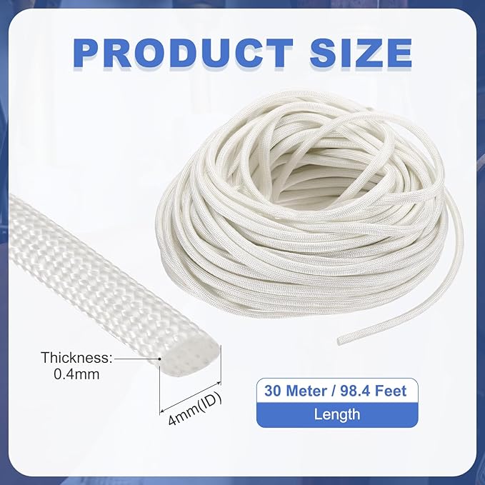 uxcell Insulation Cable Protector,4mm/0.16 Inch-30m/98 Feet High Temp Fiberglass Sleeve White