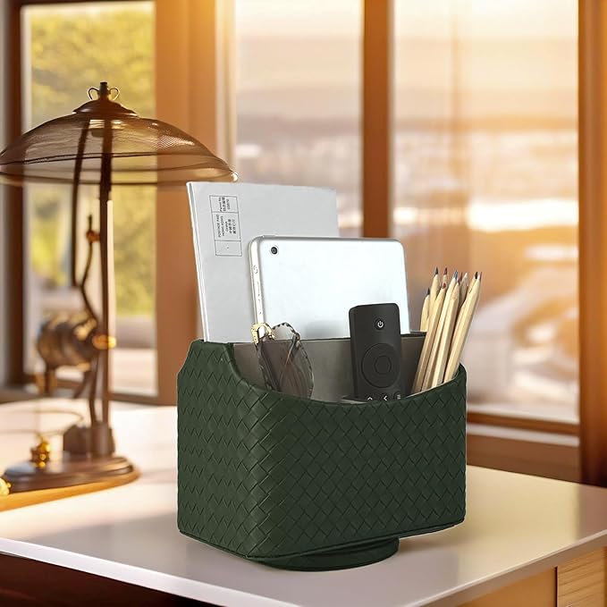 UnionBasic Rotating Desk Organizer, 360 Degree Desk Spinning Caddy, Desktop TV Guide/Mail/Media/Remote Controller Holder Organizer, Woven Green