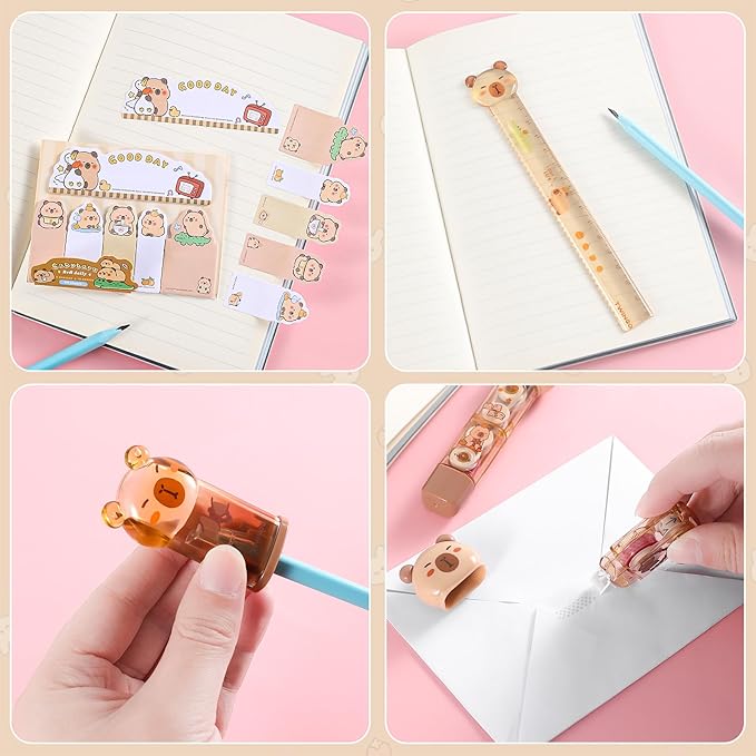 Kogcmeetl 7 Pcs Cute Capybara Stationary Set Kawaii School Supplies Japanese Stationery, Includes Pencil Sharpener, Eraser, Correction Tape, Glue Tape, Sticky Notes, Ruler, for Office School Supplies