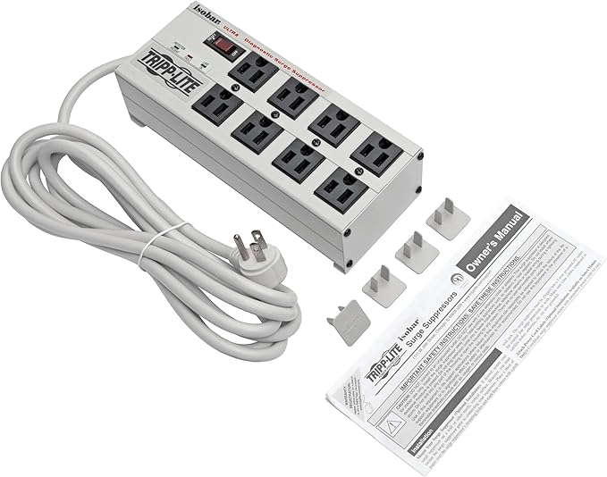 Tripp Lite Isobar 8 Outlet Surge Protector Power Strip, 25ft Long Cord, Right-Angle Plug, Metal, & $50,000 Insurance (ISOBAR825ULTRA) Gray