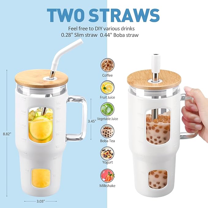 Glass Tumbler with Straw and Lid, 32 oz Glass Cup with Handle, Glass Water Bottles with Time Marker, Silicone Protective Sleeve - White