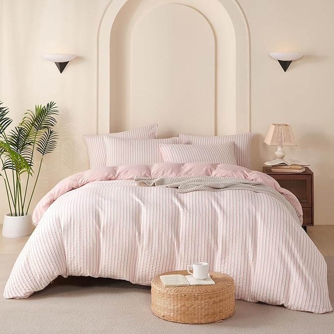 Striped Duvet Cover Set Queen Pink Washed Microfiber Jacquard 3 Pieces Bedding Set, White Pink Vertical Ticking Stripes Pattern Comforter Cover with Zipper Closure Breathable Durable Soft Comfy