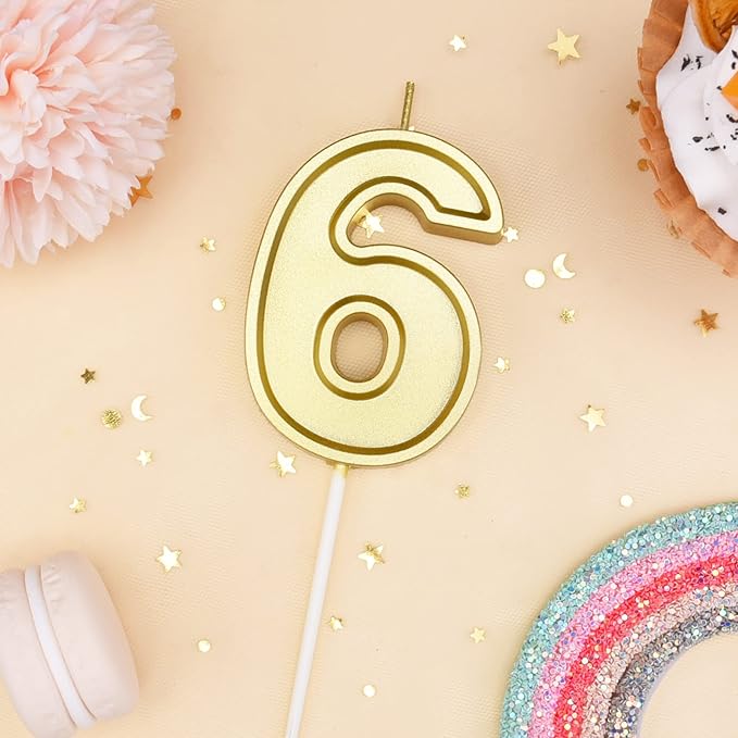 PHD CAKE 2.76 Inch Luxe Gold 6 Number Birthday Candles, Gold Number Candle, Cake Number Candles, Party Celebration