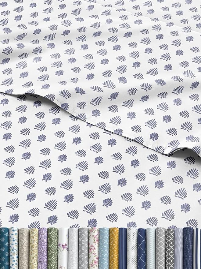 Coastal Bed Sheets - 1 Flat & 1 Fitted Sheet & 2 Pillowcases w/ Deep Pockets - Wrinkle & Fade Free Beach Themed Bed Set - Blue Sea Shell Bedding - Ultra-Soft, Breathable and Cooling - Full Size