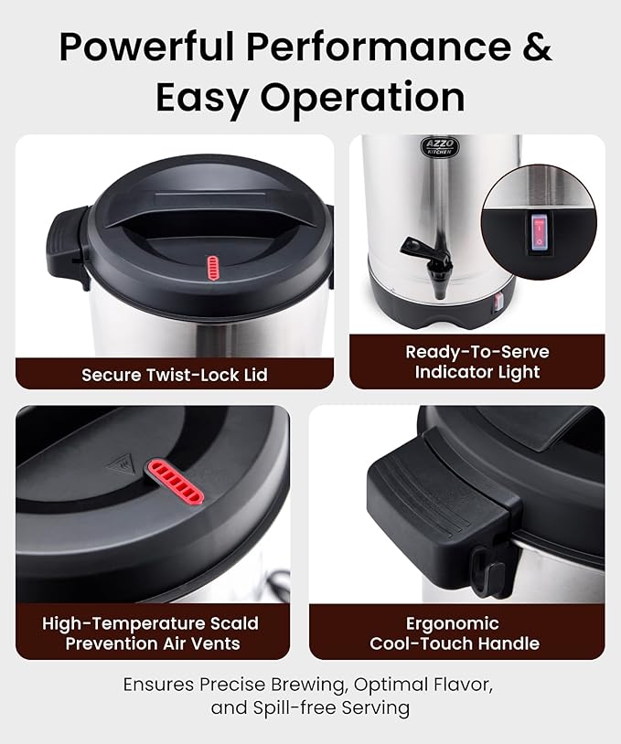 Commercial Coffee Maker 45-Cup Large Coffee Urn with Percolator Coffee Pot Electric 6.9L Stainless Steel Fast Brew Hot Water Dispenser for Tea Catering Events Home Office Easy Cleaning