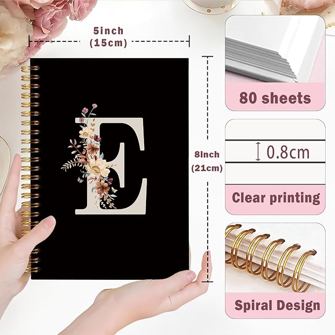 Lacama Black Initial Letter E School Notebook Journal, Cute Wildflower Personalized Spiral Notebook, School Supplies, Customized Monogrammed Gifts, Birthday Gifts for Women, Office Supplies