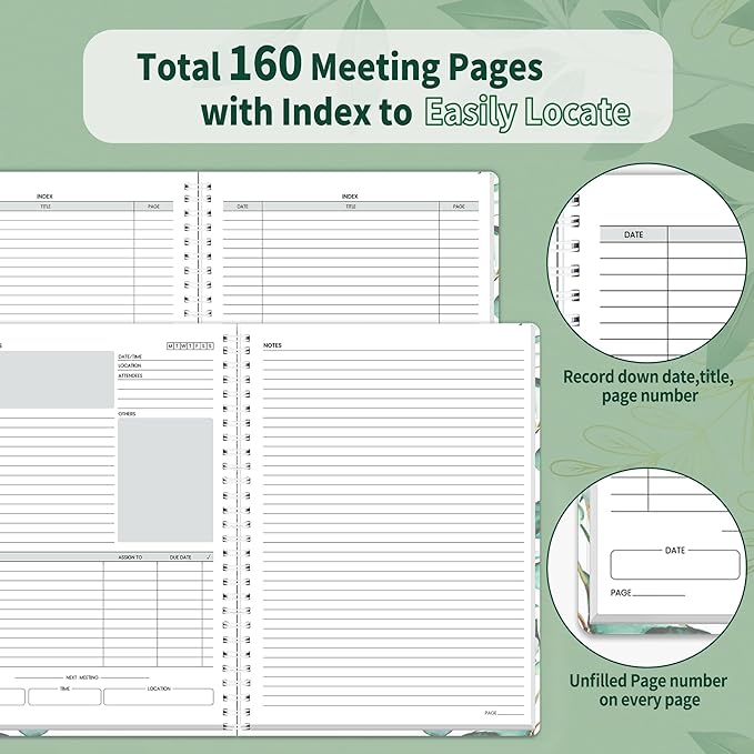 SUNEE Half Meeting Half Note - 7.5"x10" Professional Notebooks for Work - 160 Pages, B5 Size Project Planner, Spiral Meeting Agenda/Minutes Organizer for Women Men, Note Taking, Office & Business