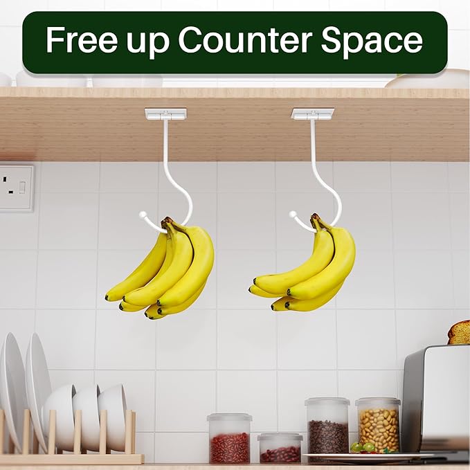 Modern Banana Hanger Hook Under Cabinet: Adhesive Banana Holder, Foldable with Magnets When Not in Use, Under Counter Banana Hook, Stainless, Hold 13 LB, White, 2 Pack