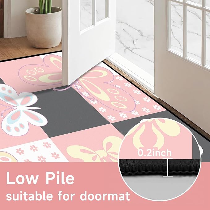 4'x6' Butterfly Area Rug Pink Butterfly Checkered Rugs for Bedroom Living Room Nursery Kitchen Playroom Home Decor Cute Flower Carpet Washable Non Slip Floor Mat