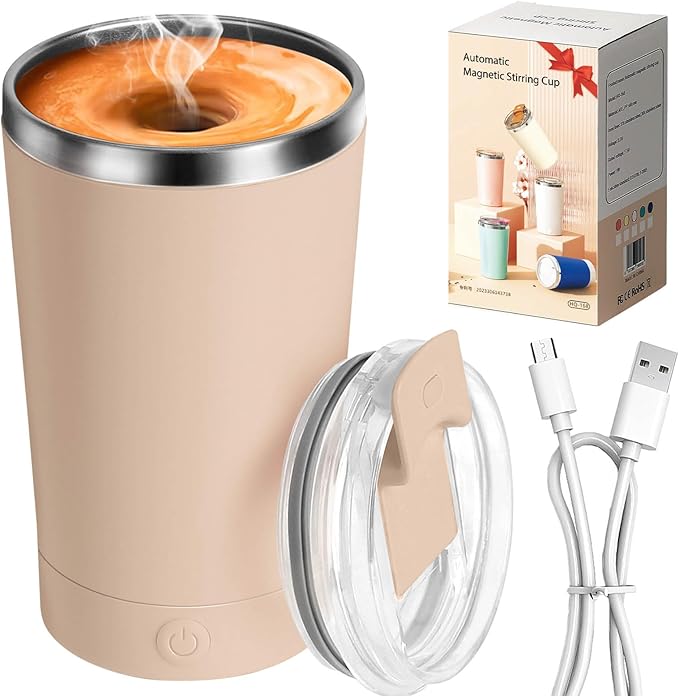 hatisan Self Stirring Coffee Mug With Lid Electric High Speed Self Stirring Mug 400ml Rechargeable Detachable Stainless Steel Self Stirring Cup for Coffee, Milk, Cocoa Christmas Gift(Apricot)