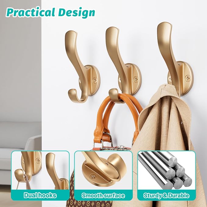Coat Hooks Heavy Duty - Easy to Install Metal Towel Hooks Fashionable Wall Hooks for Hanging Hat, Towel, Key, Robe, Scarf, Bag, Cap (4 PCS Gold)