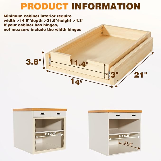 Grehitk Pullout Cabinet Organizer, 14''W×21''D×3''H Slide Out Shelves for Kitchen Cabinets, Pull out Drawers for Kitchen Cabinets, Pantry, Bathroom, & Storage Organization