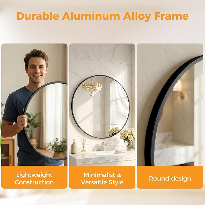 Sweetcrispy Round Bathroom Mirror for Over Sink, 24 Inch Wall Mounted Vanity Mirror with Matte Metal Frame, Decor for Bathroom, Entryway, Bedroom, Black