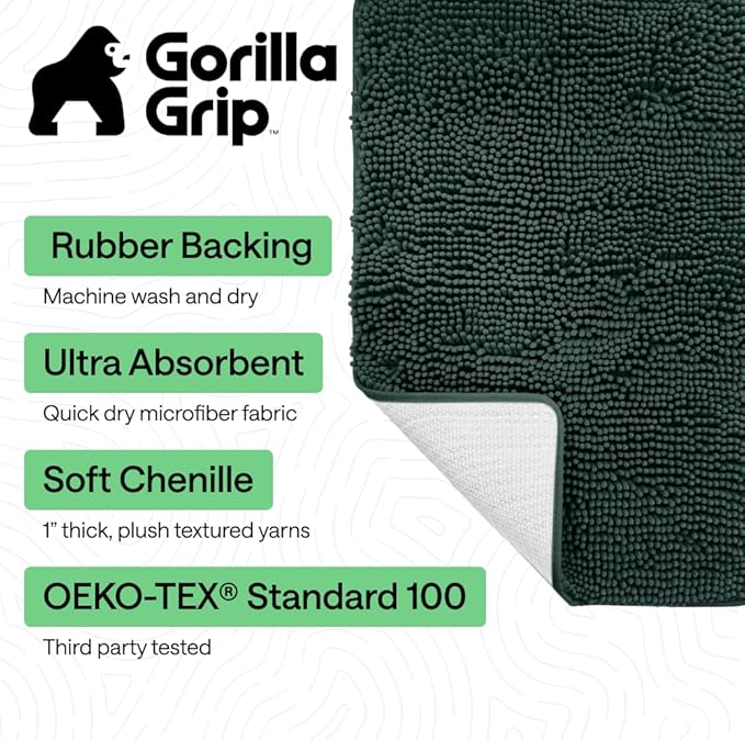GORILLA GRIP Bath Rug Mat 44x26, Soft Absorbent Chenille, Quick Dry Microfiber Mats, Rubber Backing Washable Shower Floor Rugs, Bathmat Runner, US Designed Bathroom Decor Accessories Hunter Green