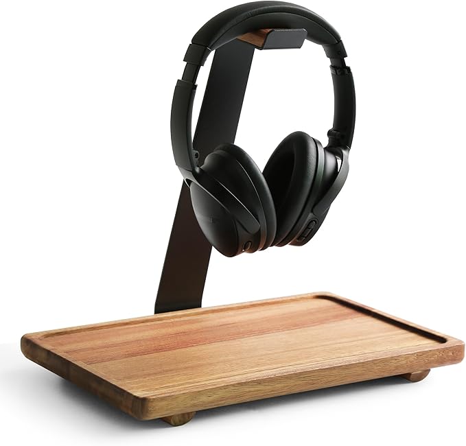 WILDMOS Headphone Stand for Desk,Acacia Wood Tray with Headphone Holder,Gaming Headset Stand,Desk Accessories for Desktop Storage