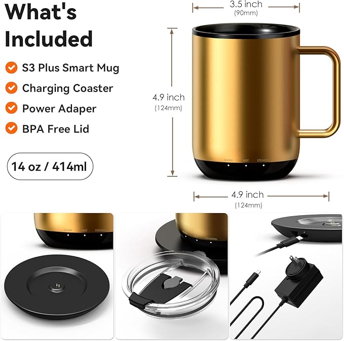 Vsitoo S3 Plus 14oz Heated Coffee Mug- Temperature Control Smart Mug with Mug Warmer, Auto-Sensing AI Heats Drinks to 120-150°F Hands-Free.Ideal for Home/Office/Gifts，Gold