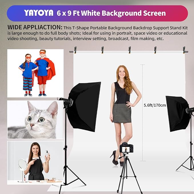 White Backdrop with Stand, 6x9 ft White Photo Backdrop Curtain with 6.3x6.5 ft Background Stand, Portable Back Drop Support Kit with Carrying Bag, 5 Strong Spring Clamps