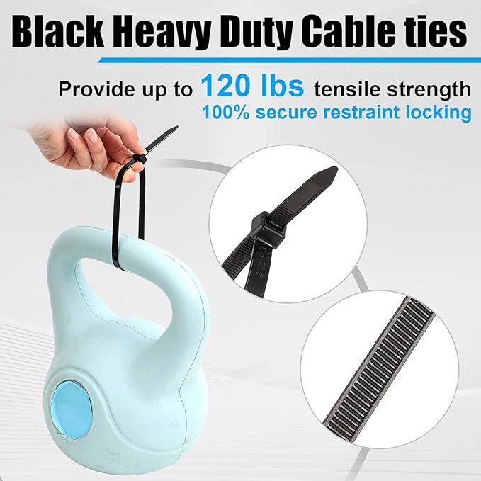 Reallnaive 500 Pcs 8 Inch Zip Ties Heavy Duty 120 Lbs Tensile Strength Black Nylon Wire Cable Ties Bulk for Indoor Outdoor