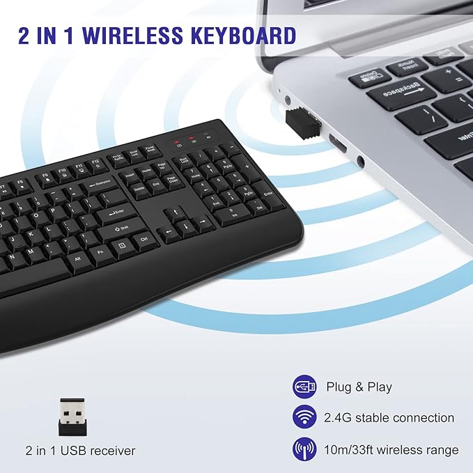 QUASIO Wireless Keyboard, 2.4G Full-Sized Ergonomic Wireless Computer Keyboard with Wrist Rest for Windows, Mac OS Laptop/PC/Desktop/Notebook(Black)