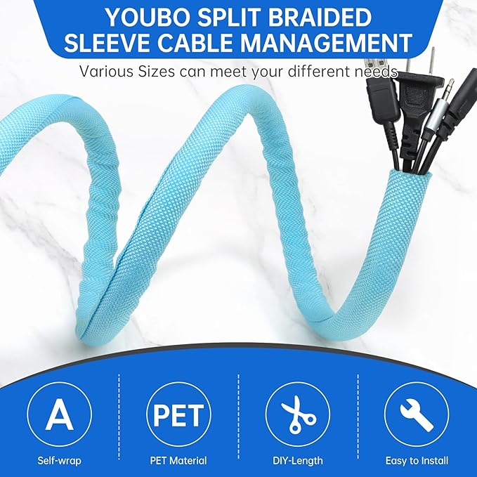 YOUBO Split Braided Cable Sleeve，Flexible Wire Loom Tubing, Automotive Cord Protector Pet Proof, Cable Management for Computer TV Electric Wires Harness 16ft (Sky Blue, 8mm（5/16")