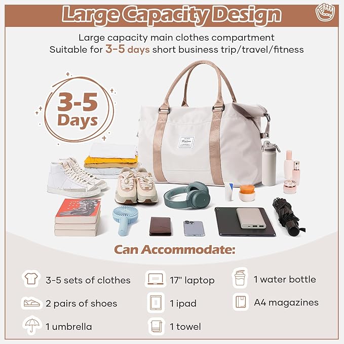 Gym Bag Womens Mens with Wet Pocket, Travel Duffel Bag for Plane, Sport Gym Tote Bags Swimming Yoga, Waterproof Weekend Overnight Carry on Bag Hospital Holdalls，Off White