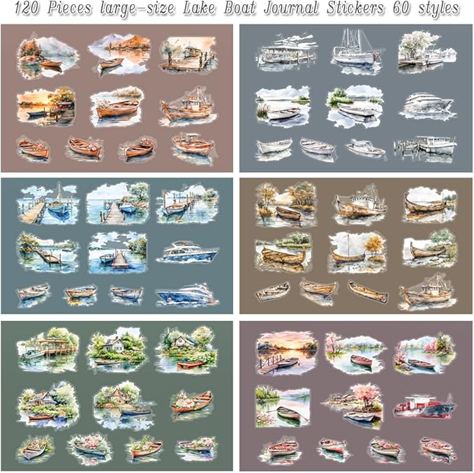Dwpetzo Vintage Lake Boat Scenery Scrapbook Stickers Set, 120 Pieces Decorative Transparent PET Stickers for Journaling, Junk Journal Supplies, Collage, Scrap Book, Bujo