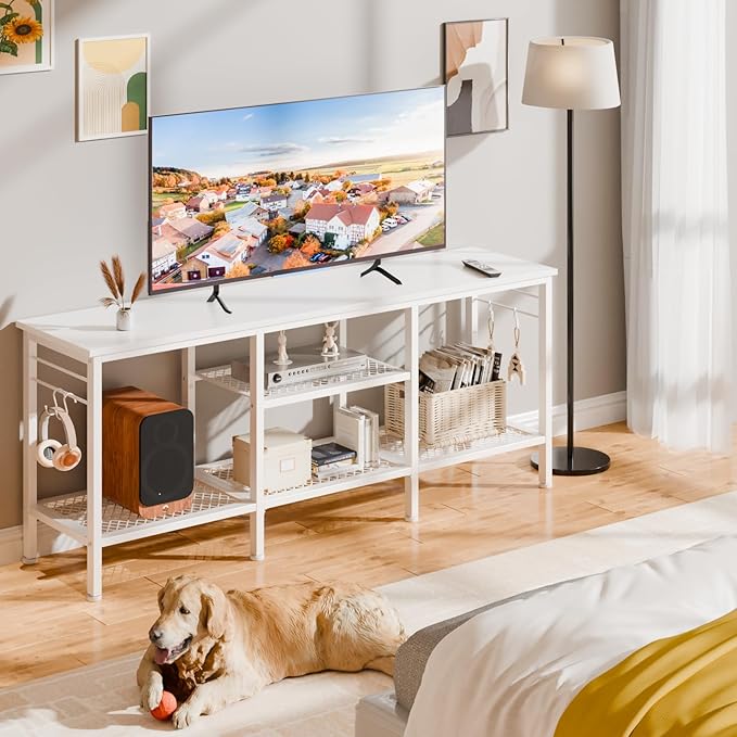 Furologee TV Stand for TVs up to 55 Inch, Entertainment Center with Open Storage Shelves, Media Console Table with Soundbar Shelf for Living Room, Bedroom, White